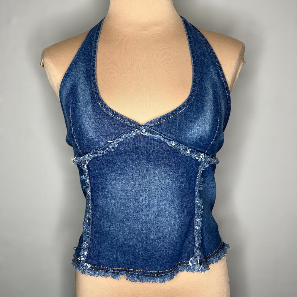 Y2K Periscope Halter Top Large Womens Denim Fringe V-Neck Western Dark Wash Tie